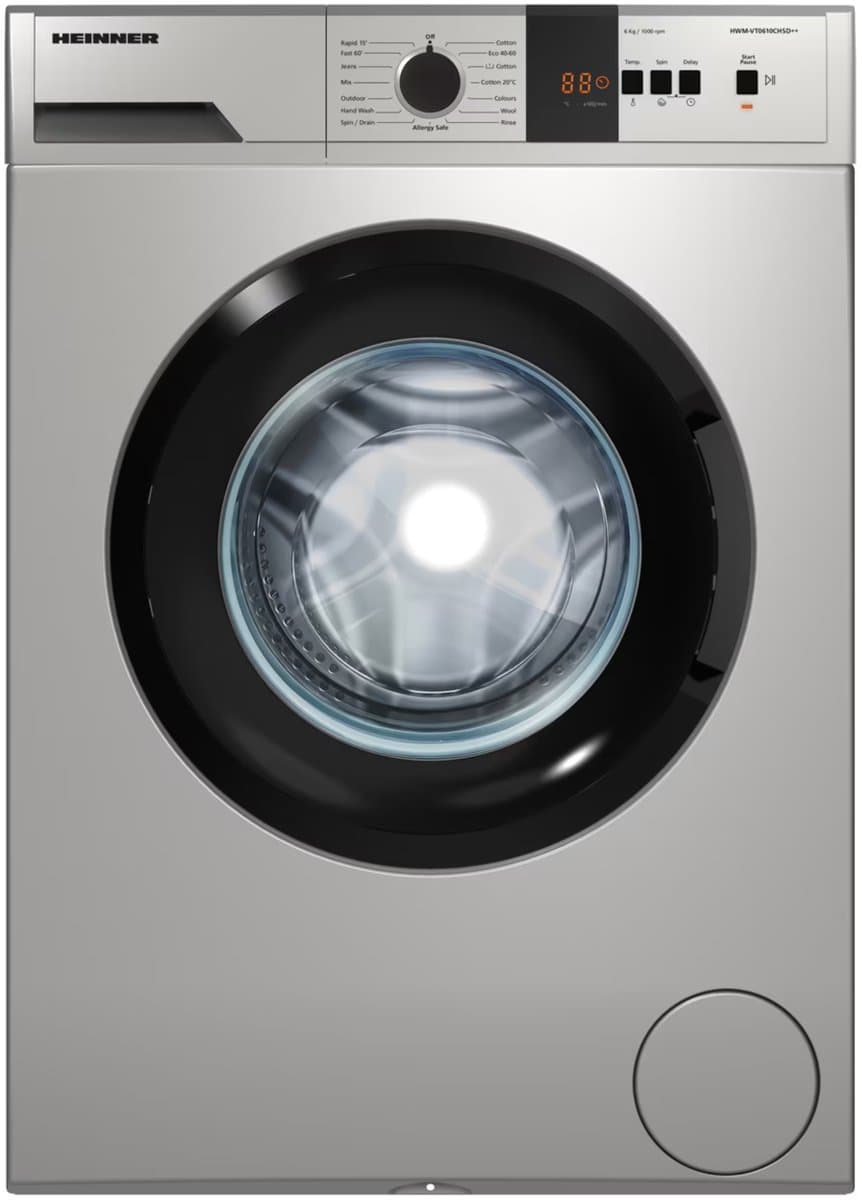 Heinner HWM-VT0610CHSD++ Wasmachine 6 kg – 15 Programma’s met Anti-Kreuk en Allergievriendelijk – Foam Detection – Balance Control – Zilver – 5 Jaar Garantie — afbeelding 1