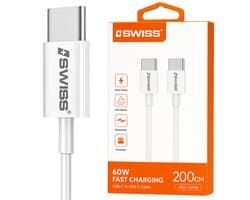 iSwiss USB‑C naar USB‑C Kabel 2 m – 60W Fast Charging & Dataoverdracht – Extra Sterke en Duurzame Oplaadkabel – Voor Laptop, Smartphone & Tablet