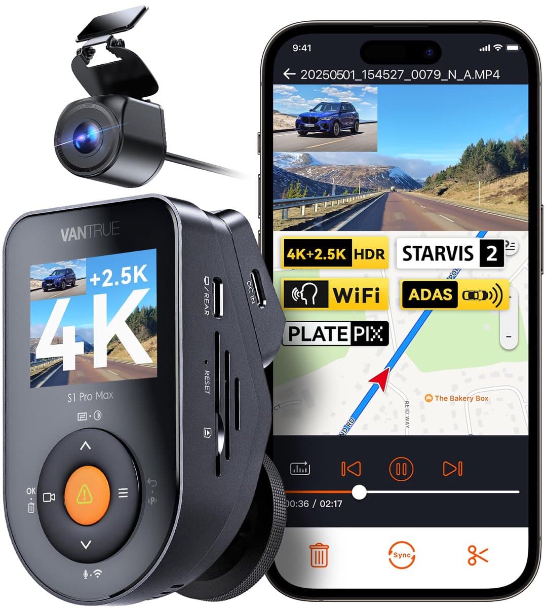 Vantrue S1 Pro Max 4K+2.5K Dashcam Voor- en Achterkant, Dual STARVIS 2 Dashcam, 2-Kanaals HDR Dashcamera voor Auto's, PlatePix Nachtzicht, 5G WiFi, Spraakbediening, GPS, ADAS, 24Uur Parkeermodus, Max. 1TB. — afbeelding 1