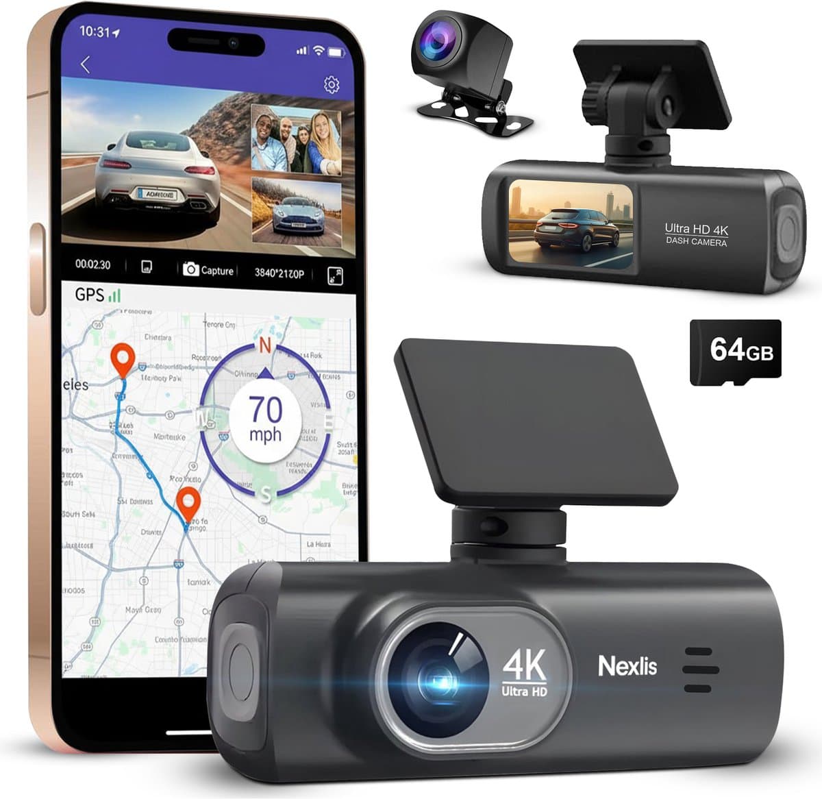Nexlis Dual Dashcam 4K Ultra HD - Dashcam voor Auto - Voor en Achter - GPS - 4K & 1080P - Nachtzicht - Parkeerstand - Wifi & App - Loop Recording - G-Sensor - Incl. 64GB SD-Kaart — afbeelding 1
