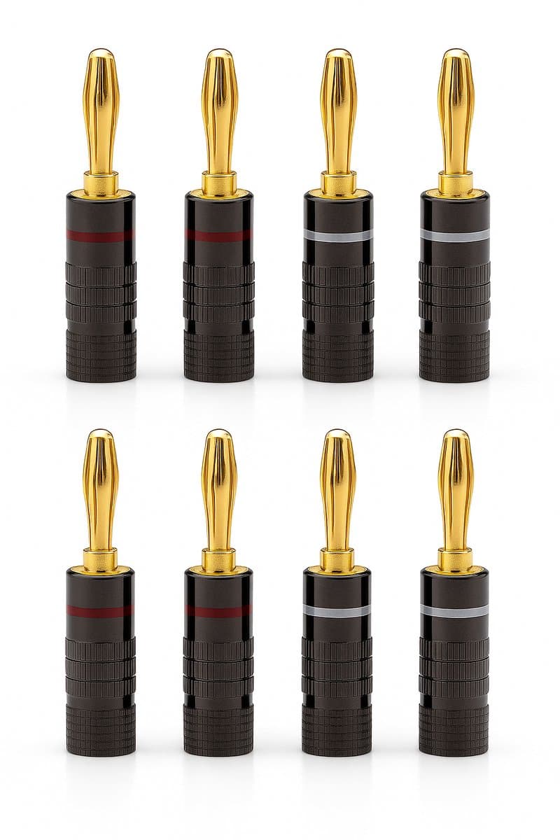 Vergulde banaanstekkers set (8 stuks) – 24K gold plated speakerpluggen – Hifi speakerkabel connectors – Schroefbare banaanpluggen rood/zwart – Audio accessoires voor versterker, receiver & luidsprekers — afbeelding 1