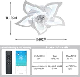 Chandelix - Plafond Ventilator Lamp - 55 CM - Smart Lamp - 6 Standen - Dimbaar - Wit - Kroonluchter Ventilator - Chandelier Fan - Woonkamer Lamp - Ventilator Lampen - Eetkamer lamp - Slaapkamer lamp — thumbnail 5
