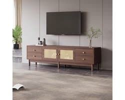 HAUSS SPOLE TV meubel - Houten TV-kast 1,8 m met 2 Rattan-deuren en 4 lades - Kabelmanagement en hydraulische scharnieren - Geschikt voor 80-Zoll televisie - 180x35x44 cm - Hout - Bruin