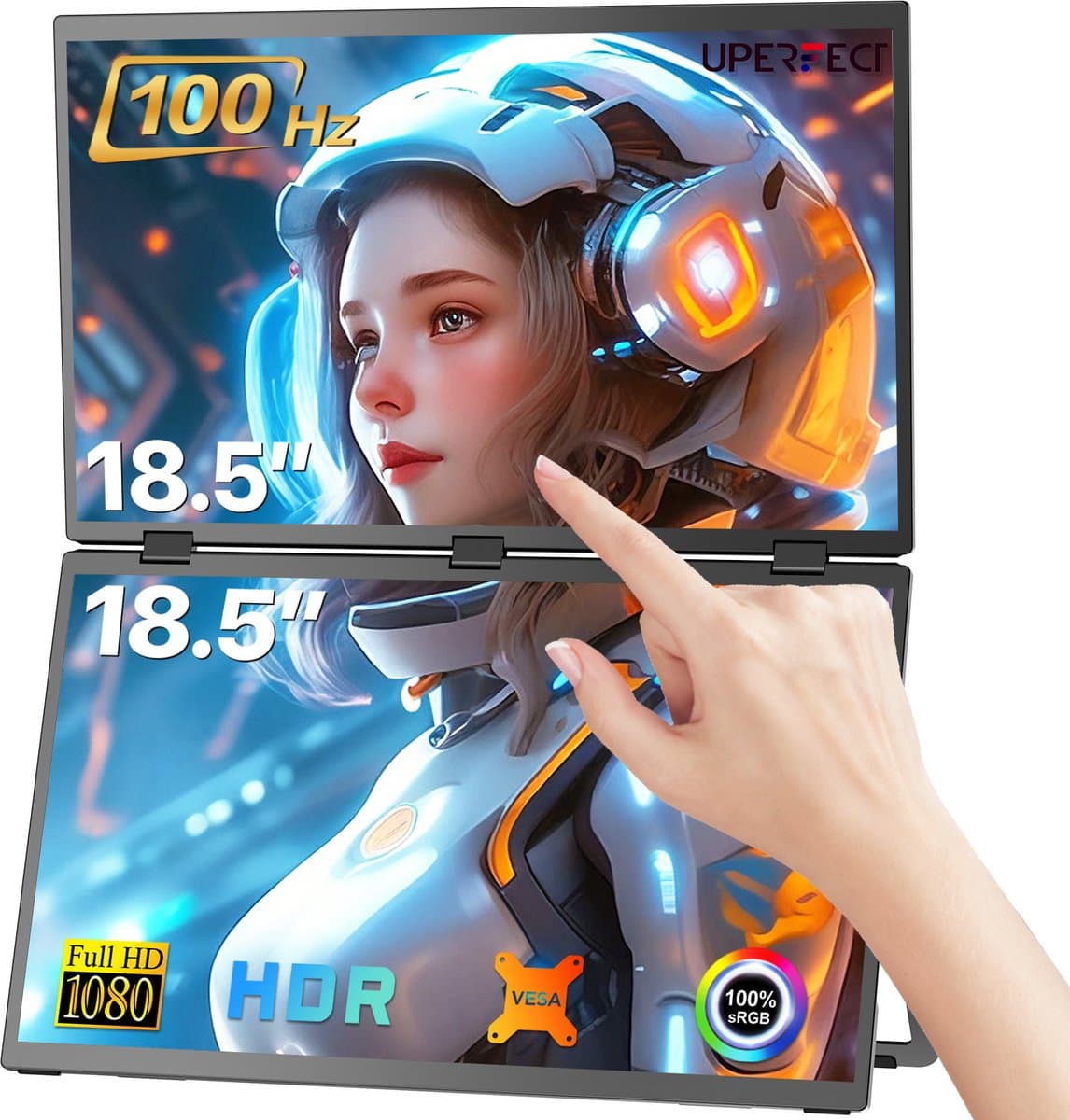 UPERFECT E12 Dual Portable Monitor 18.5" Touch Screen 100Hz 100% sRGB Draagbaar Monitor Aanraakscherm with Stand & VESA Mount for Laptop/Switch/MacBook — afbeelding 1