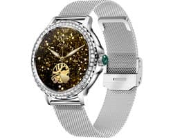 Knobbout Luxe Smartwatch voor Dames – Met Sprankelende Kristallen-1.3" IPS HD Touchscreen – Bluetooth 5.2 Bellen – Hartslag & Bloeddrukmeting – IP68 Waterdicht – Zilverkleurige Roestvrijsta