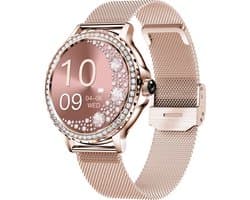 Knobbout Luxe Smartwatch voor Dames – Met Sprankelende Kristallen-1.3" IPS HD Touchscreen – Bluetooth 5.2 Bellen – Hartslag & Bloeddrukmeting – IP68 Waterdicht – Roségouden Roestvrijsta