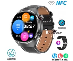 Knobbout 1.6 inch (3.7cm) Stijlvolle HD Kleurenweergave Scherm smartwatch - Ingebouwd Kompas - Hoogtemeter en Barometer - Krachtige NFC-functie - Bluetooth Handsfree Bellen - Dynamische Interactieve Weergave - Zwarte leren en siliconen horlogeband — thumbnail 1