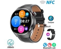 Knobbout 1.6 inch (3.7cm) Stijlvolle HD Kleurenweergave Scherm smartwatch - Ingebouwd Kompas - Hoogtemeter en Barometer - Krachtige NFC-functie - Bluetooth Handsfree Bellen - Dynamische Interactieve Weergave - Zwarte leren en siliconen horlogeband