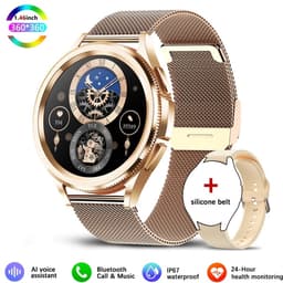 Knobbout Slimme Bluetooth Smartwatch 1.46" – Full HD Kleuren Display – Hartslag & Bloeddruk & Bloedzuurstof – Bluetooth Bellen, Muziek, AI Spraakbesturing – Vrouwen Gezondheid, Waterdicht – iOS & Android - Roségouden staal+silicone horlogebandjes — thumbnail 1