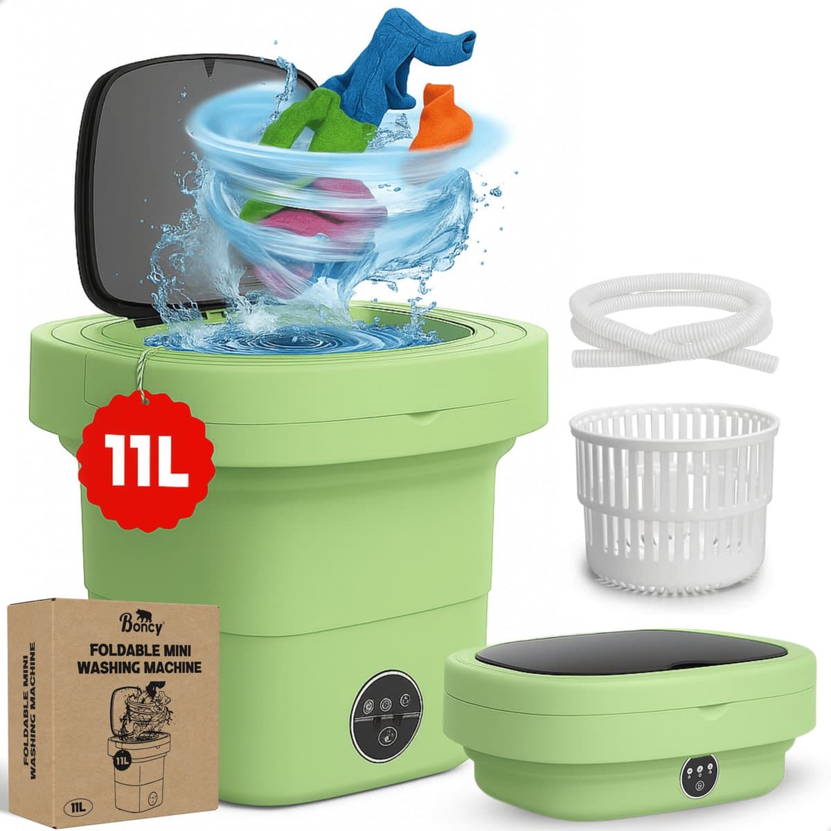 Boncy® Premium Mini Wasmachine met centrifuge - 11L Groen - Compacte Opvouwbare Miniwasmachine - Kleine Wasmachine Opvouwbaar - Ideaal voor Camping Apartement Kamer of Reizen - 4 kg + — afbeelding 1