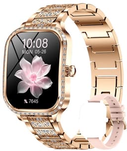 Knobbout 1,75 inch HD gebogen scherm smartwatch met ingelegde diamant - Slank, stijlvol en elegant design - Vrouwelijke gezondheidstracking - Bluetooth-belfunctie - Roségouden talen band met kristallen + extra siliconen band — thumbnail 1