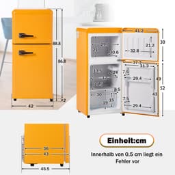 Retro koelkast. Vriescombinatie. 86,8 cm hoog, 45,5 cm breed, tweedeurs, met een totaal volume van 60 liter en een vriescapaciteit van 22 liter. 102 kWh/jaar, -27°C ~ 13°C, led-verlichting. Premium geel energieklasse E — thumbnail 3