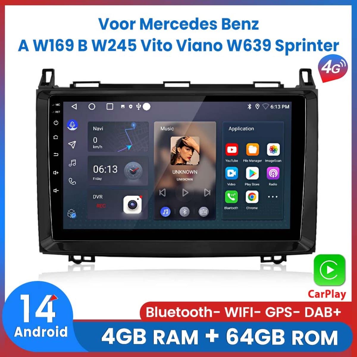Awesafe Autoradio - 4GB & 64GB 8-Kern V1PRO - Geschikt Voor Mercedes A B V Sprinter Klasse W169 W245 W639 W906 Vito, Viano en VW Crafter 2005-2016 - Carplay & Android auto - Met navigatie GPS - Radio scherm — afbeelding 1