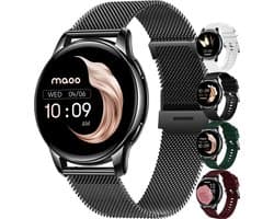 Maoo Ventura AMOLED Smartwatch Dames - RVS en 4x Siliconen Bandje - Stappenteller - Hartslagmeter - Slaapmonitor - Multisport - Geschikt voor Android en iOS - Zwart