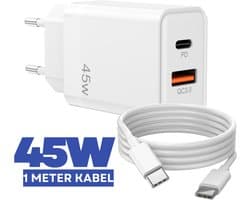 45W Dual Snellader - 1 Meter USB-C Kabel - Power Adapter USB C PD met 2 Poorten - Geschikt voor Smartphone en Tablet