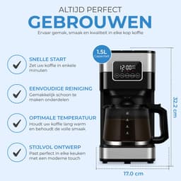 NovaWare Koffiezetapparaat Filterkoffie - 1.5L – Met Glazen Kan & Herbruikbaar Filter - Koffiemachines - Display – 12 Kopjes – Zwart/RVS — thumbnail 4