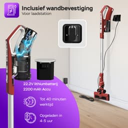 TurboTronic VS280 Cyclonic - 2-in-1 draadloze Steelstofzuiger met kruimeldief – hoge zuigkracht - 2 snelheden - 2200 mAH accu - 180W - extra accessoires - Rood — thumbnail 2