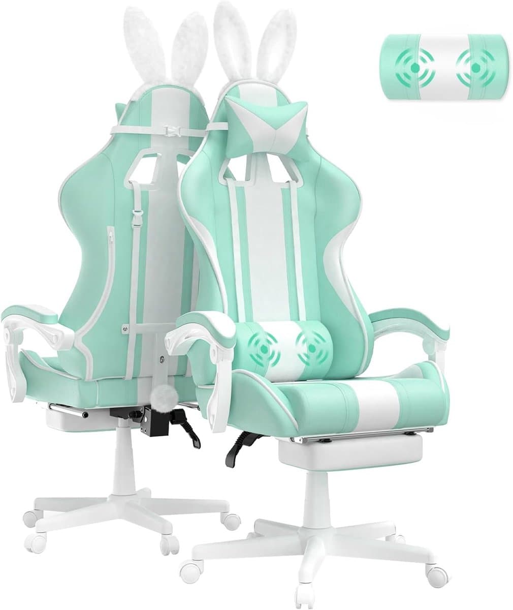 Soontrans-Gamingstoel-Ergonomische Gamingfauteuil-Voetsteun PC -Stoel Gamingstoel-Hoofdsteun-Lendenkussen-Racecomputerstoel Met Konijnenoren-Ergonomische Bureaustoel-Mintgroen — afbeelding 1