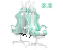 Soontrans-Gamingstoel-Ergonomische Gamingfauteuil-Voetsteun PC -Stoel Gamingstoel-Hoofdsteun-Lendenkussen-Racecomputerstoel Met Konijnenoren-Ergonomische Bureaustoel-Mintgroen
