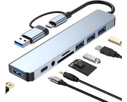 Daity USB C Hub USB Splitter 8 in 1 USB Extender met 4 USB-poorten 1 USBC-aansluiting TF/SD-kaartlezer 3,5 mm audio-uitgang voor MacBook Pro/iPad Pro/iPhone 15/laptop/Galaxy Phone/meer (1 tot 8)