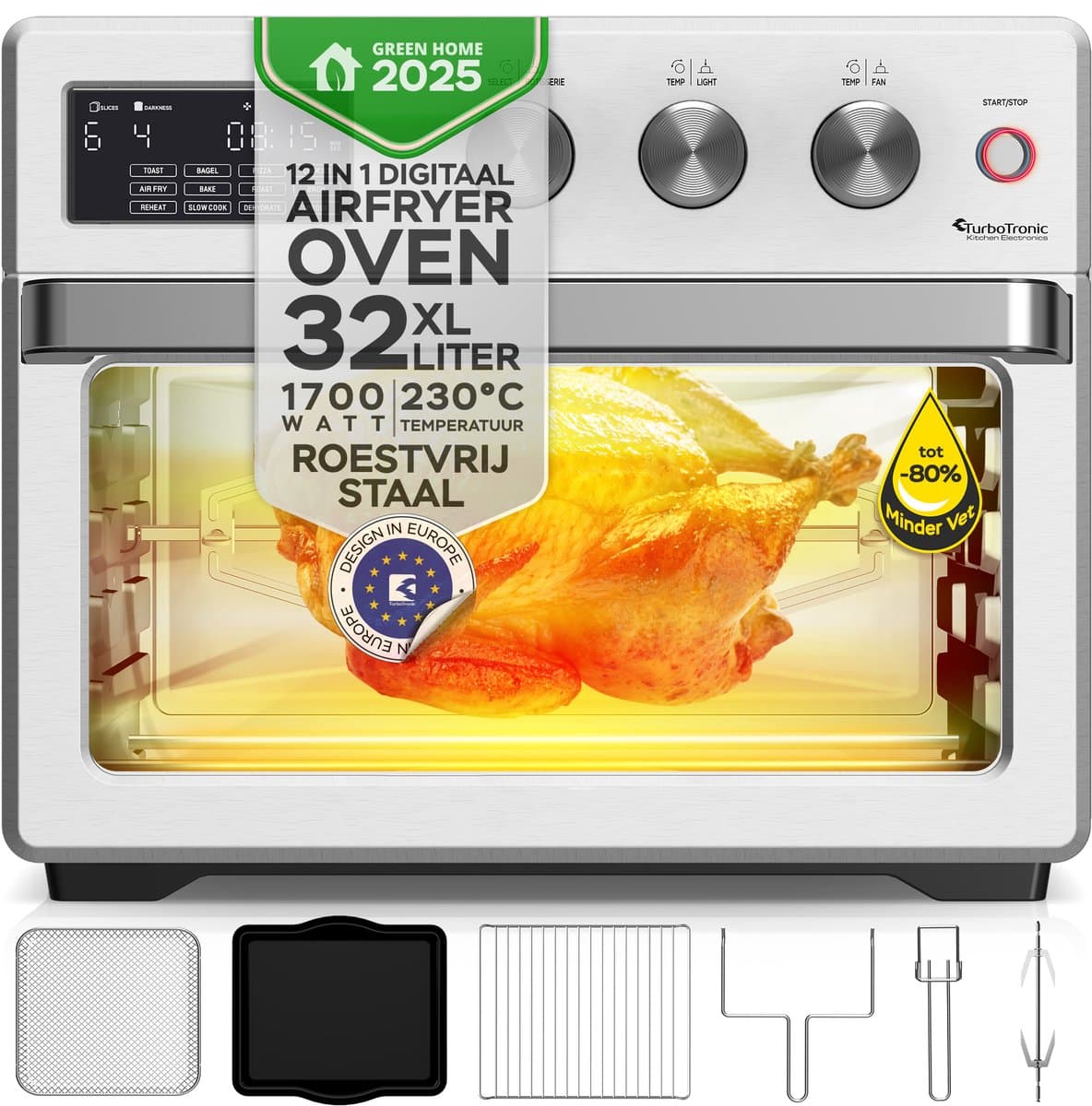 TurboTronic AF32DRD Airfryer XXL en Mini Oven – 32 Liter – Vrijstaande Oven – 12 Kookprogramma’s – 25° tot 230°C – Zilver — afbeelding 1