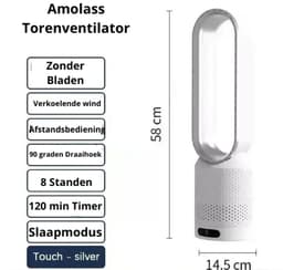 Amolass - Ventilator - Torenventilator - Ventilator Staand - 58x14,5cm - 8 Windsnelheden - Afstandbediening - Verkoelend — thumbnail 5