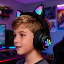 longziming Draadloze Kinder Koptelefoon – Cat Headphones met LED Oortjes – Bluetooth Hoofdtelefoon– Bluetooth 5.0 – Licht Groen – Met Verlichting – Opvouwbare opbergruimte – Zwart — thumbnail 8