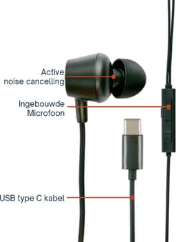 Grundig Oortjes met draad USB C - In-Ear Oordopjes met Draad 120cm - Earbuds met Microfoon - Geschikt voor iPhone, Samsung en Tablet - Active Noise Cancellation - Zwart — thumbnail 4