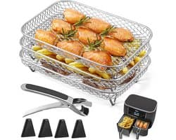 3 stuks gelaagde dehydrator rekken - Airfryer Rek - met clip en verhoogde voetjes - Dehydratorrek voor airfryer ove - Vierkante RVS Heteluchtfriteuse Accessoires - voor dubbele mand Airfryers