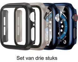 Stravo Set van 3 Full Cover/Hoesje - Screen Protector - Geschikt voor Apple Watch Series 10 & Series 11 - 42mm - Zwart / Middernachtblauw / Titanium - Bescherm Hoesje voor Apple Watch series 10 / X - maat 42mm - Hardcase - Protection
