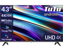 TuTu Android Smart TV - LED 4K UHD - 43 inch/110 cm - Frameless Design - Tripple Tuner DVB-T/T2/S/S2/C - HDMI x3, USB x2, CI+ - Voice Controle & Streaming apps - Geassembleerd in Eindhoven - TUS43UQ1A