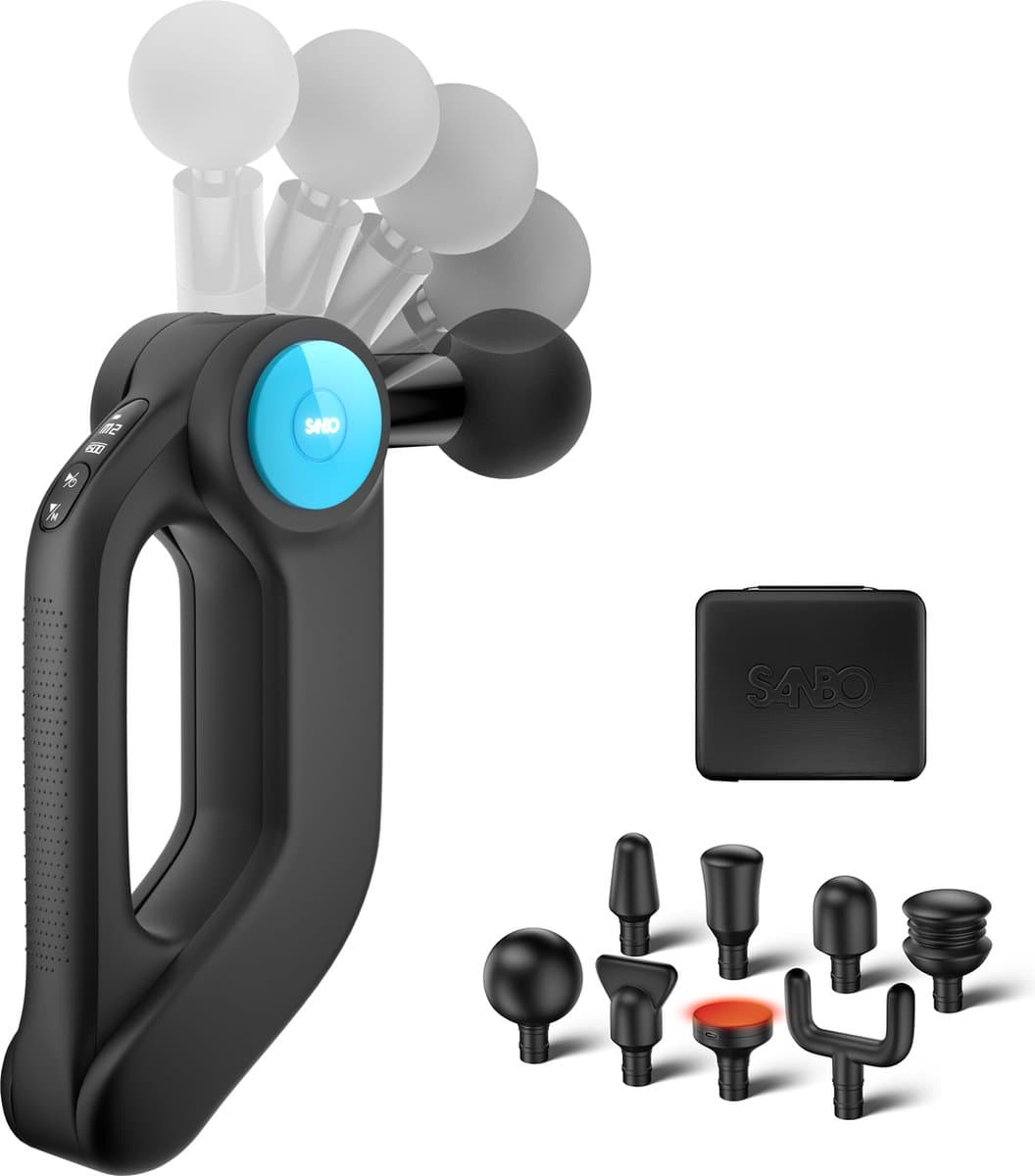 Sanbo Massage Gun Professioneel Pro Plus - Krachtig 4500 RPM - Inclusief Verwarmend opzetstuk - Massage pistool - Sport en Relax Massage Apparaat - Fitness - Hyrox - Crossfit - Zwart / Blauw — afbeelding 1