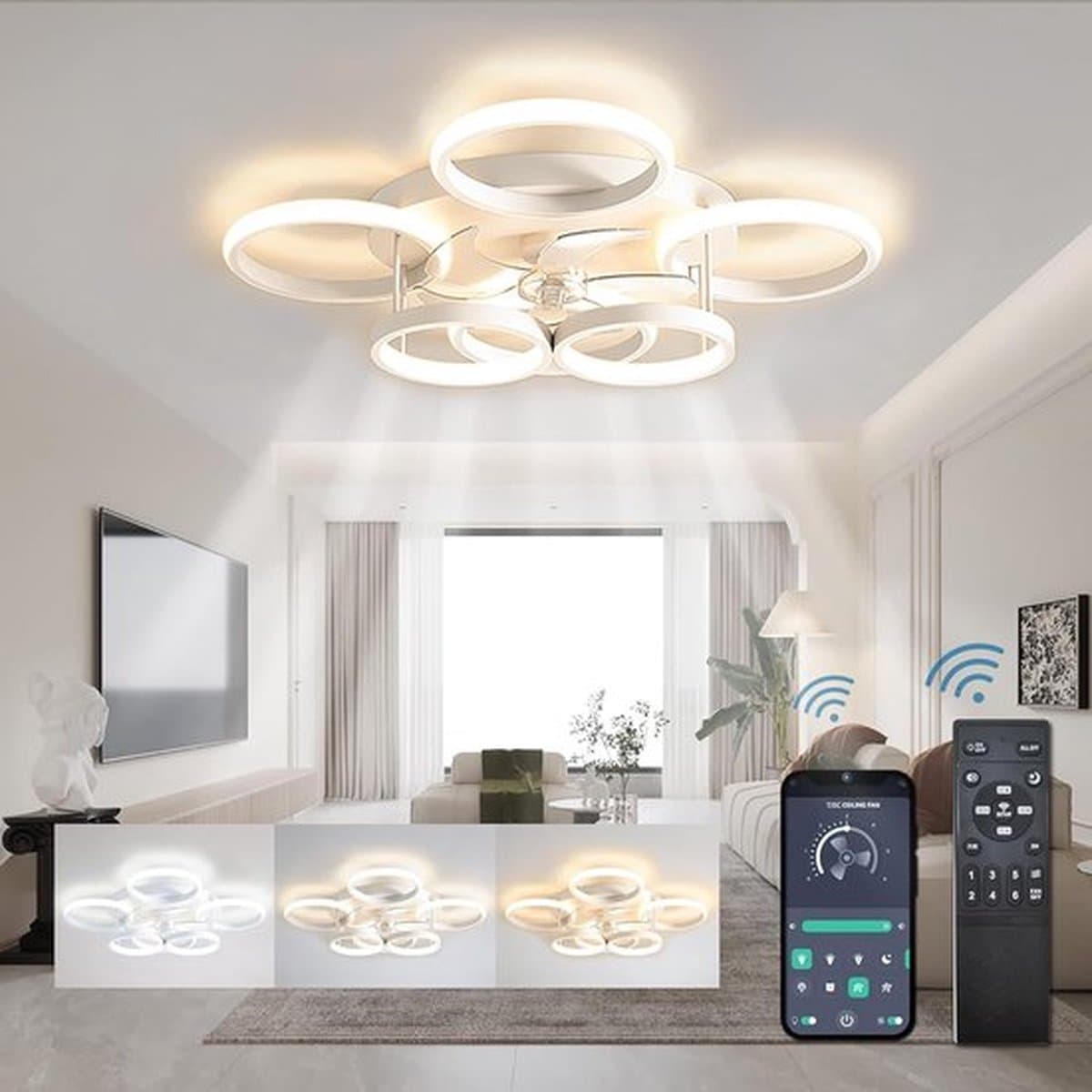 6 Cirkel Plafondventilator - Wit - 6 Snelheden - Dimbaar Met Afstandsbediening en APP - Moderne Smart Lamp Ventilator — afbeelding 1