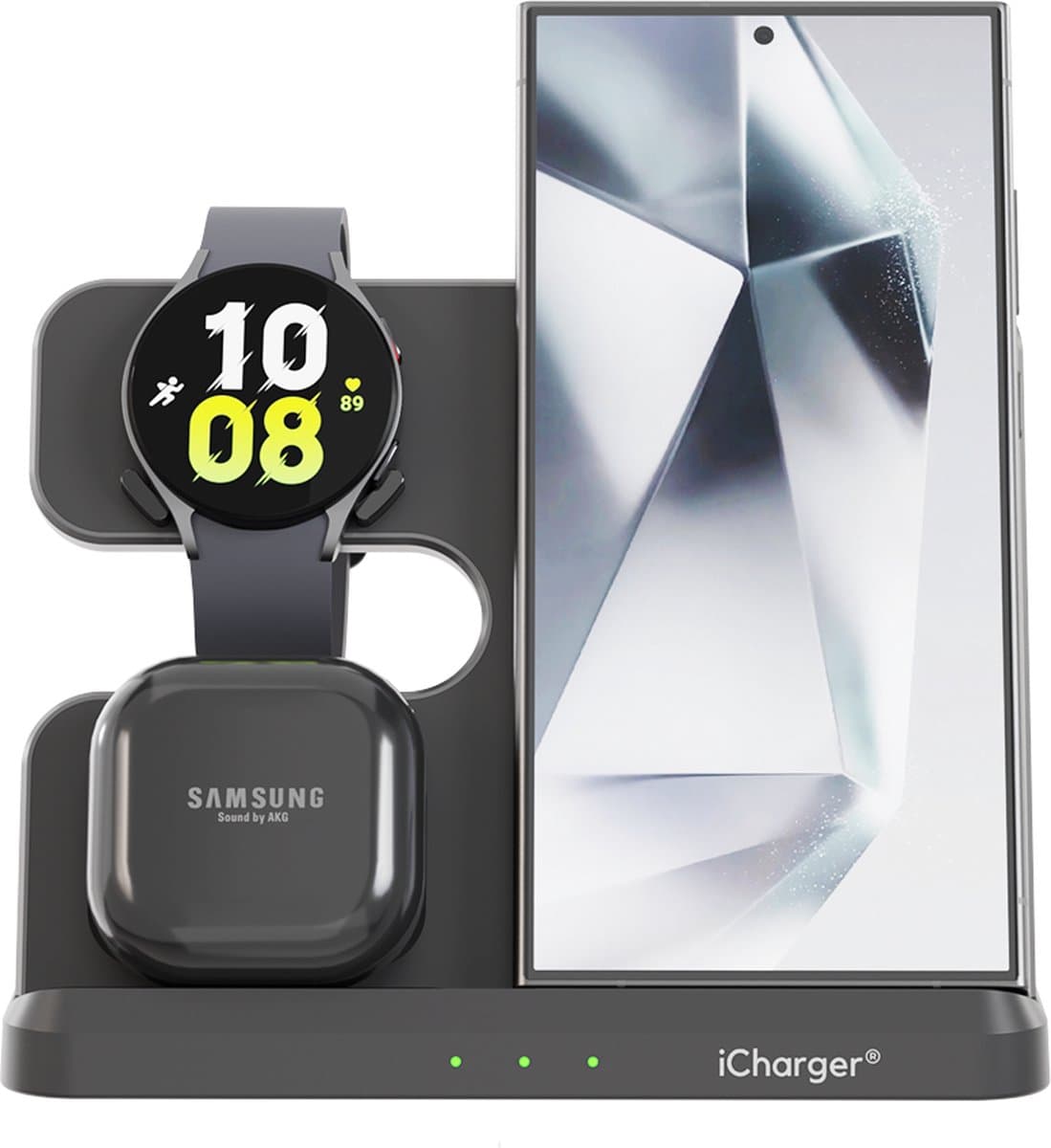 iCharger Samsungs Edition – 3-in-1 Draadloze Oplader – Snellader voor Samsung Galaxy Telefoon, Buds & Watch – Inclusief 25W Stekker – Modern Design & Veilig — afbeelding 1