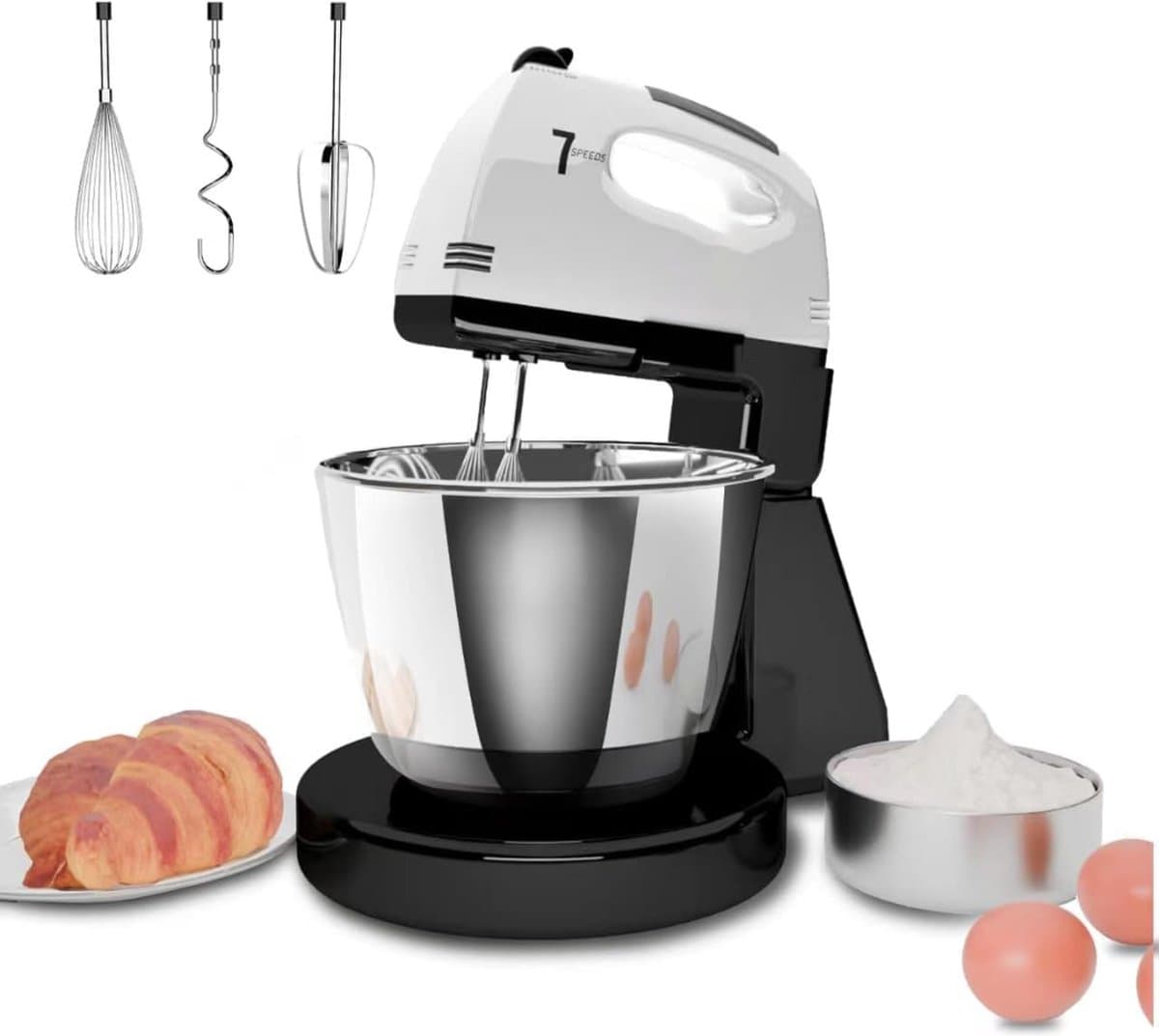 White-Label® Mixer met Mengkom - Keukenmachine - Keukenrobot - Zwart met Wit — afbeelding 1