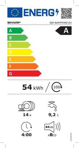 Sharp QWNA4YF44AIEU - vrijstaande vaatwasser - energie label A - 9 liter waterverbruik - 10 jaar motorgarantie - RVS deur — thumbnail 2