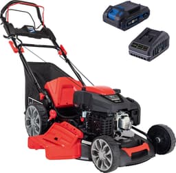 Scheppach Grasmaaier Benzine met hybride start M225-56E - Zelfrijdend - Mulchfunctie - 56cm maaibreedte - Maaihoogte in 7 stappen verstelbaar: 25-75mm - 4-takt - 224cc - 6pk - Voor tuinen tot 2200m² - met 65L opvangbak — thumbnail 1