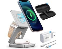 NexGen 3 in 1 Draadloze Oplader Bundel - 15W Snellader - Geschikt voor MagSafe, Smartphones, Apple Watch en AirPods - Opvouwbaar Oplaadstation - Wireless Charger - Zilver