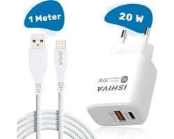 ISHIVA USB C Adapter Oplader USB stekker - USB C naar USB A Kabel - 20W Snellader - 2 jaar Garantie - Wit - 1 meter