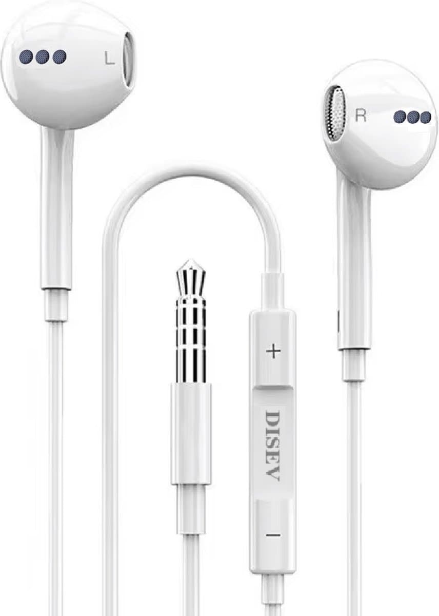 DISEV® - Oortjes met Draad - 3.5mm Jack Aansluiting - In-Ear Oordopjes met Draad - Oortjes met Draad en Microfoon - 1.20M kabel - Wit — afbeelding 1