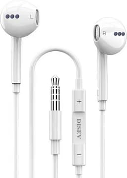 DISEV® - Oortjes met Draad - 3.5mm Jack Aansluiting - In-Ear Oordopjes met Draad - Oortjes met Draad en Microfoon - 1.20M kabel - Wit — thumbnail 1
