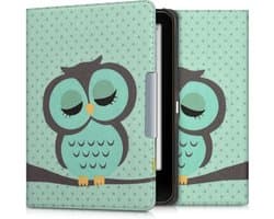kwmobile e-reader hoesje geschikt voor Tolino Vision 1 / 2 / 3 / 4 HD hoes - E reader flip case met magnetische sluiting - Ereader cover - Slapende Uil design in turquoise / bruin / mintgroen