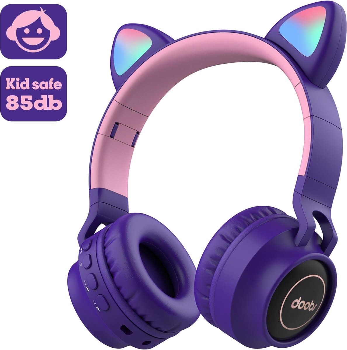 Kinder hoofdtelefoon DOBI by doobs - Draadloze koptelefoon Bluetooth met led kattenoortjes paars - KIDS - VOLUME BEGRENZING - 85DB — afbeelding 1