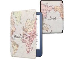 kwmobile e-reader hoesje geschikt voor Amazon Kindle (2022/2024) hoes - E reader flip case met magnetische sluiting - Ereader cover - Travel Wereldkaart design in zwart / meerkleurig