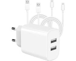 USB Adapter met 2x USB-C Kabel - 2 Meter - Wit - Oplader & Oplaadkabel voor S21,Tab S7,Tab A8,Tab S6 Lite, A52, A53, A51, A13, S22, S21, S10 - Combi pakket