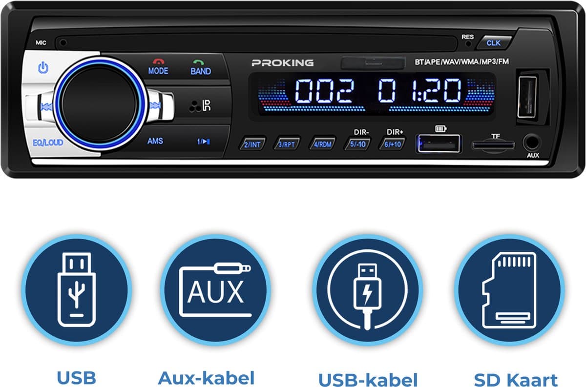 PROKING Autoradio - FM Radio - Bluetooth radio - Met Dubbele USB-poort - Voor alle Auto’s - Inclusief AUX - Handsfree bellen - Inclusief montageframe — afbeelding 1