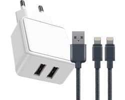 Duo USB Adapter + 2x Nylon 8-PIN naar USB Oplader Kabel - 1M - Geschikt voor iPhone, iPad met Lightning Poort - Dubbele USB Output - 12W Snellader - Extra Stevig