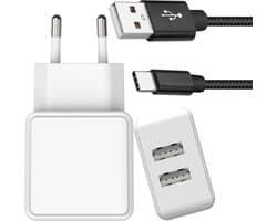 Dubbele USB Oplader 12W + USB-C Kabel - 1 Meter - Nylon - Extra Sterk - Snellader - Geschikt voor S21/S20/S10/A51/A53/S22/A13/A50/S9/A52