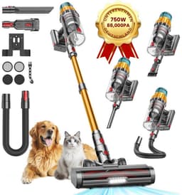 FOSMET Stofzuiger - Draadloze Stofzuiger - Steelstofzuiger - 750 watt - Hepa filtratie - Sterke Zuigkracht - 13 opzetstukken - Lange Accuduur Tot 80 Min - Zonder Zak Op Accu - Dierenhaar - Alle Vloertypen - Lang Snoer - Blauw‑Goud — thumbnail 1