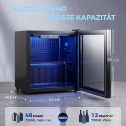 TEKROA® Vrijstaande Drankenkoelkast 50L met Glazen Deur - Mini Koelkast voor 48 Blikjes / Bier & Wijn - LED Verlichting & Verstelbare Planken - Zwart — thumbnail 5